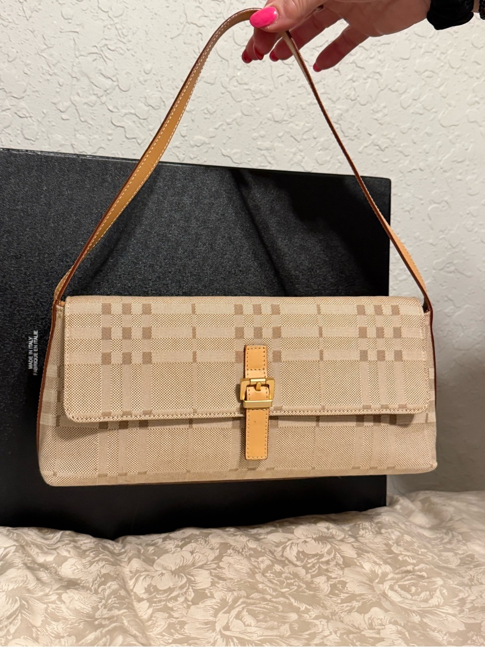 Burberrys Beige Check Canvas Shoulder Bag with Tan Strap